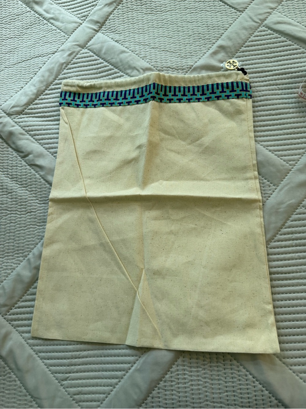 Tory Burch Drawstring Dust Bag Cream Canvas with Blue Trim